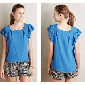 Anthropologie Maeve Epaulet bright blue ruffle top
